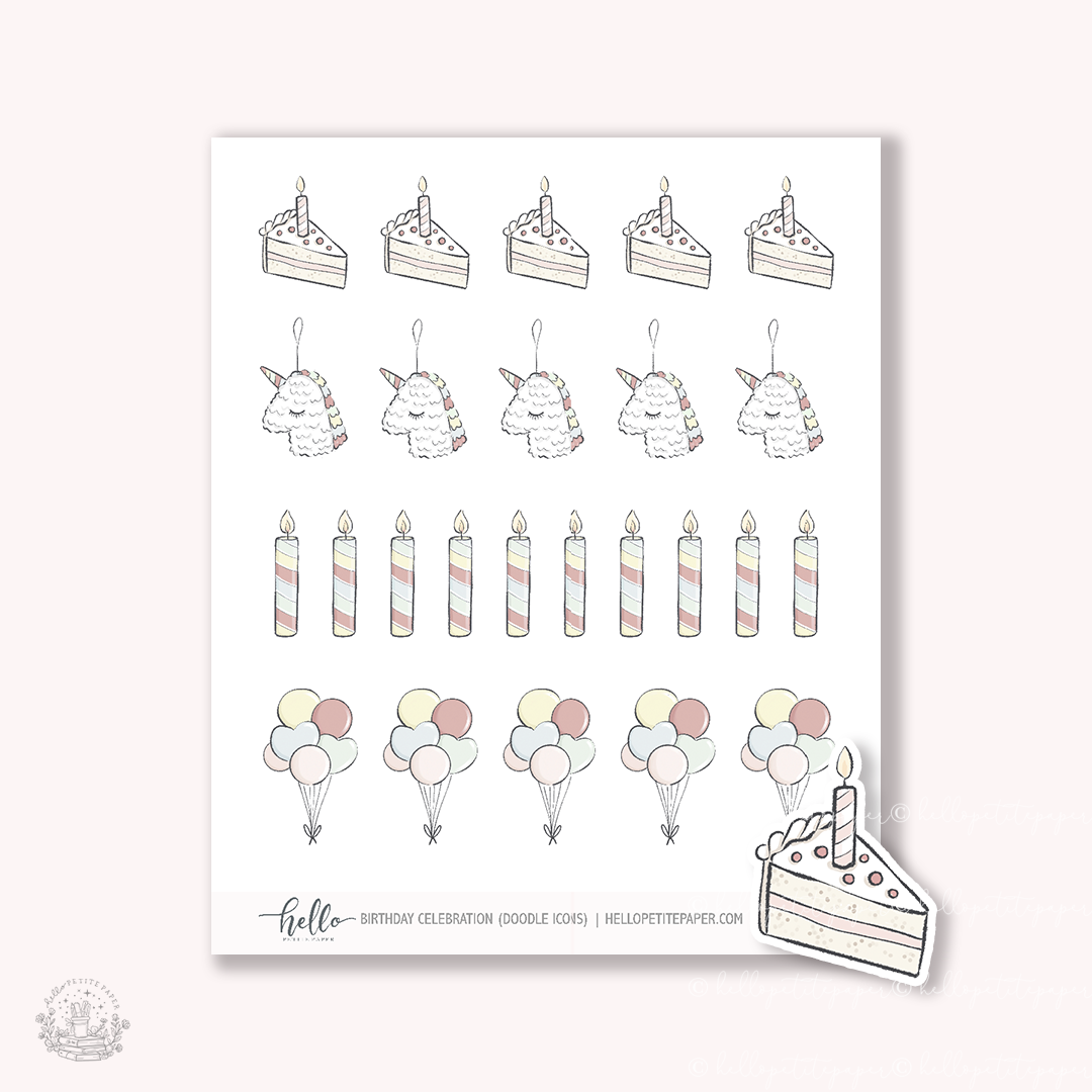 Doodle Icons (BIRTHDAY CELEBRATIONS) | hand-drawn planner stickers