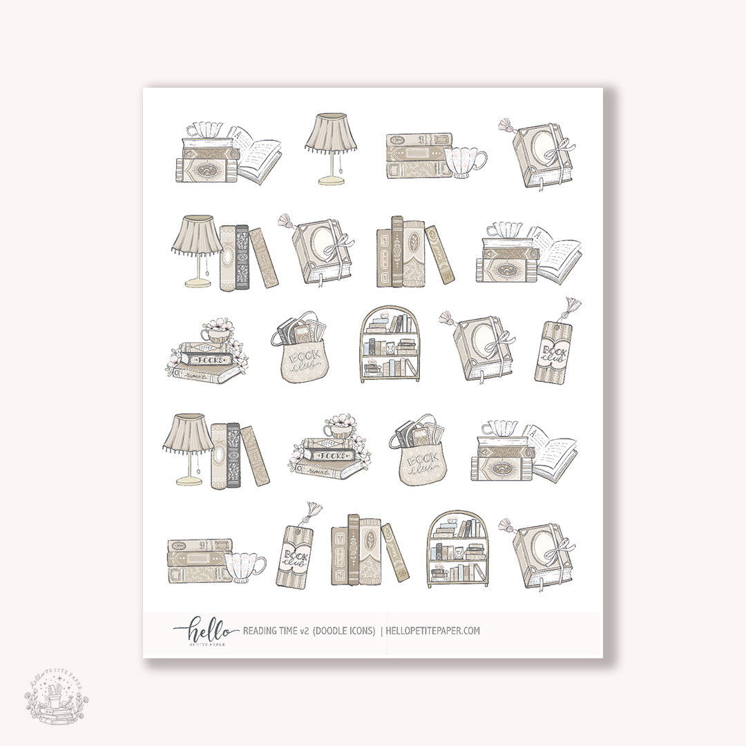Doodle Icons (READING TIME V2) | hand-drawn planner stickers
