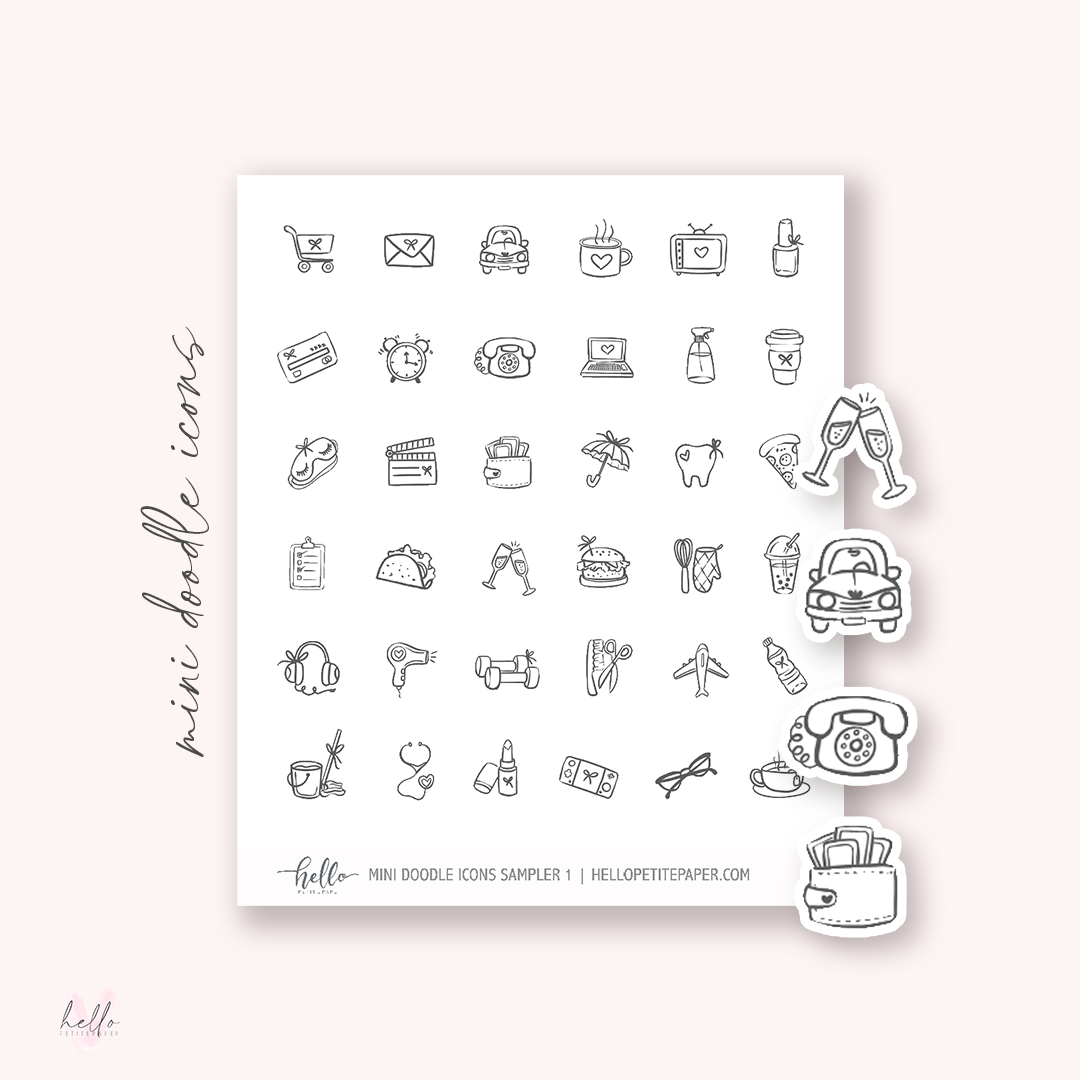 MINI doodle Icons (TRANSPARENT SAMPLER 1) | hand-drawn planner stickers