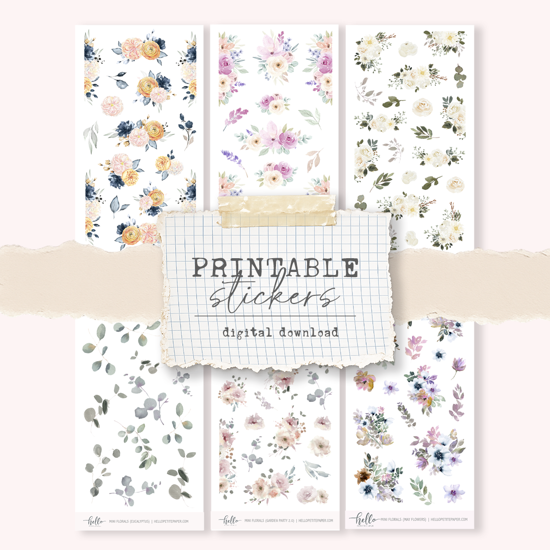 Printable Mini floral stickers (set 3) - digital download