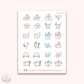 Sheet of planner stickers with various icons on a white background