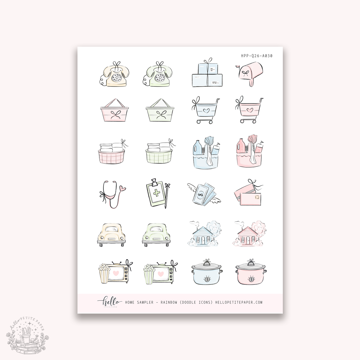 Sheet of planner stickers with various icons on a white background