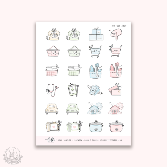 Sheet of planner stickers with various icons on a white background