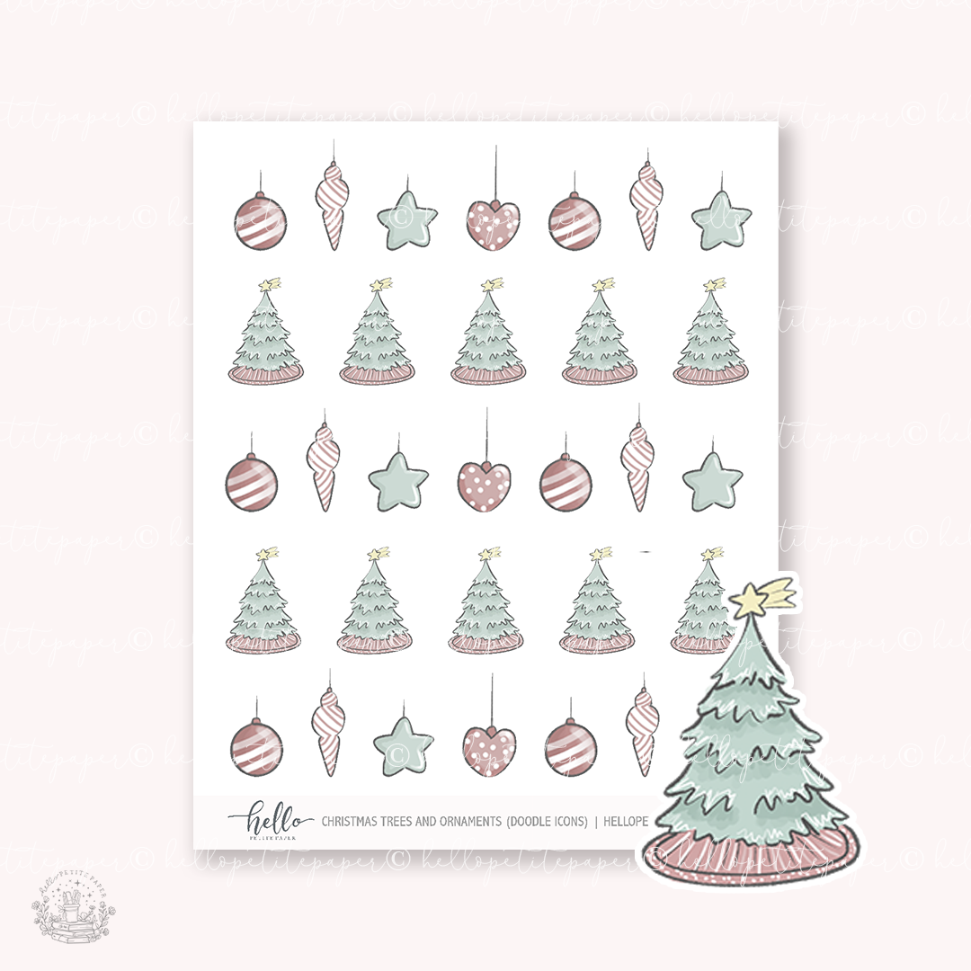 Doodle Icons (CHRISTMAS TREES & ORNAMENTS) | hand-drawn planner stickers