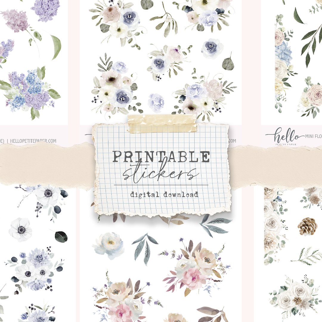 Printable Mini floral stickers (set 1) - digital download