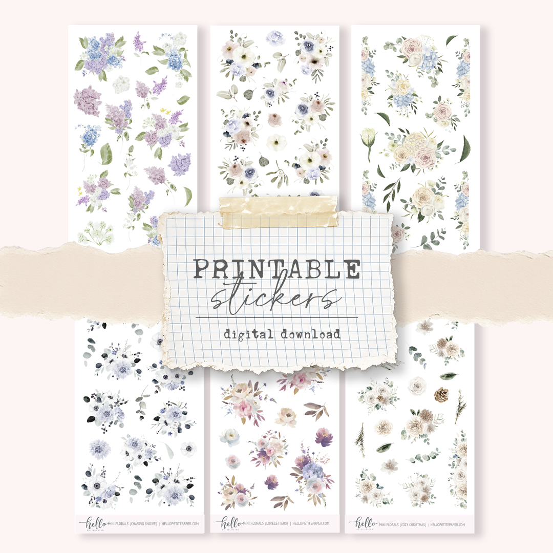 Printable Mini floral stickers (set 1) - digital download