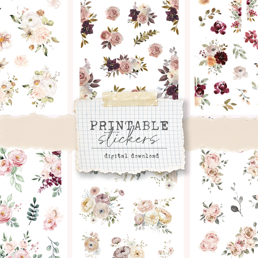 Printable Mini floral stickers (set 2) - digital download