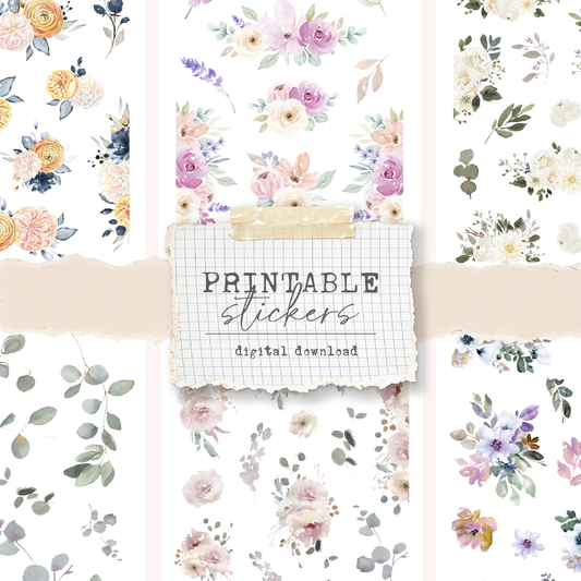Printable Mini floral stickers (set 3) - digital download