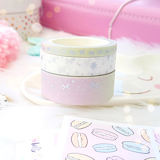 10mm holo foil washi - stars and bows on white