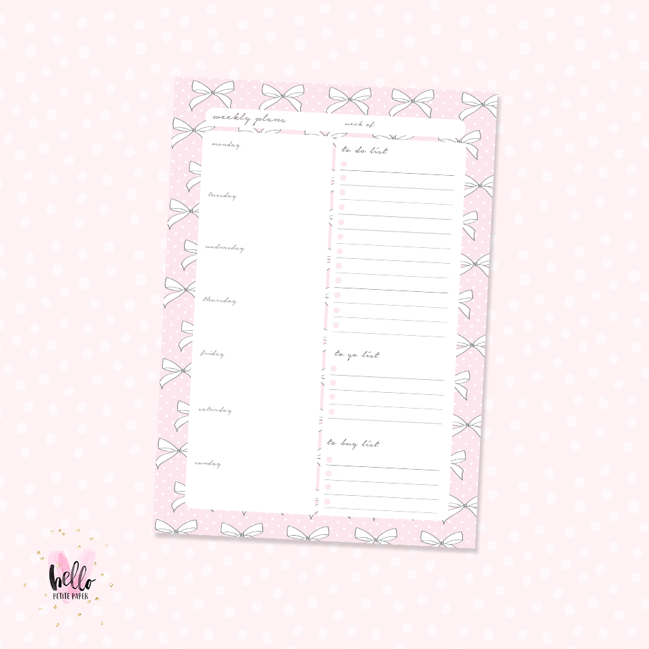 A5 Weekly Notepad - Pink Bows - desk planner/ agenda