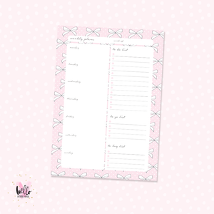 A5 Weekly Notepad - Pink Bows - desk planner/ agenda