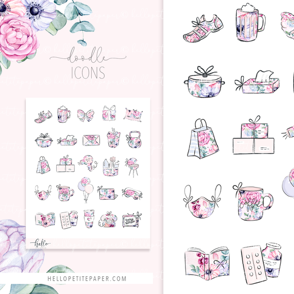 Doodle icons (blooming beauty) - planner stickers