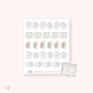 A sheet of hand-drawn planner stickers with travel-related icons, including suitcases and clocks, in a pink or neutral color scheme, presented on premium matte paper.