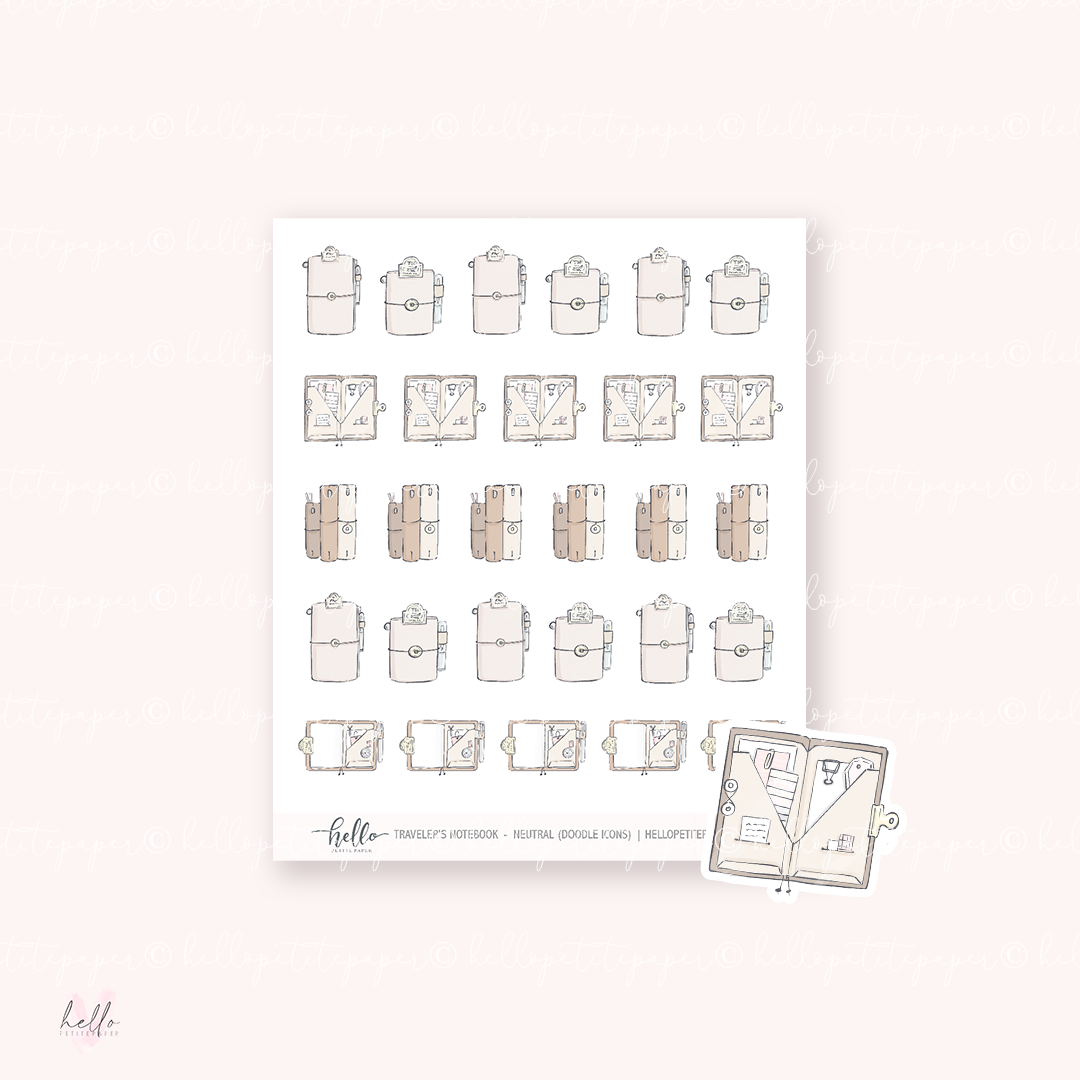 A sheet of hand-drawn planner stickers with travel-related icons, including suitcases and clocks, in a pink or neutral color scheme, presented on premium matte paper.