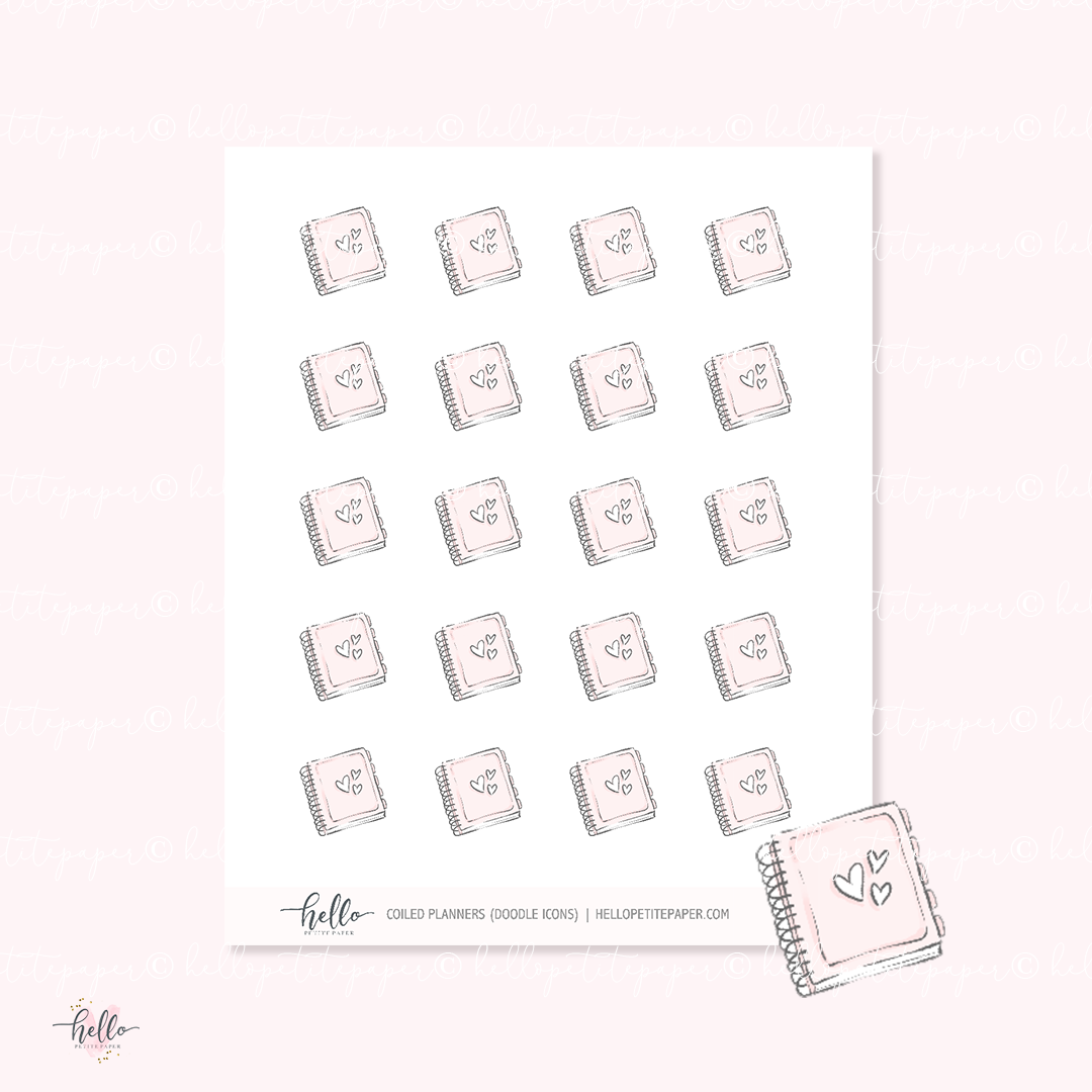 Doodle Icons (COILED PLANNER) handdrawn planner stickers Hello
