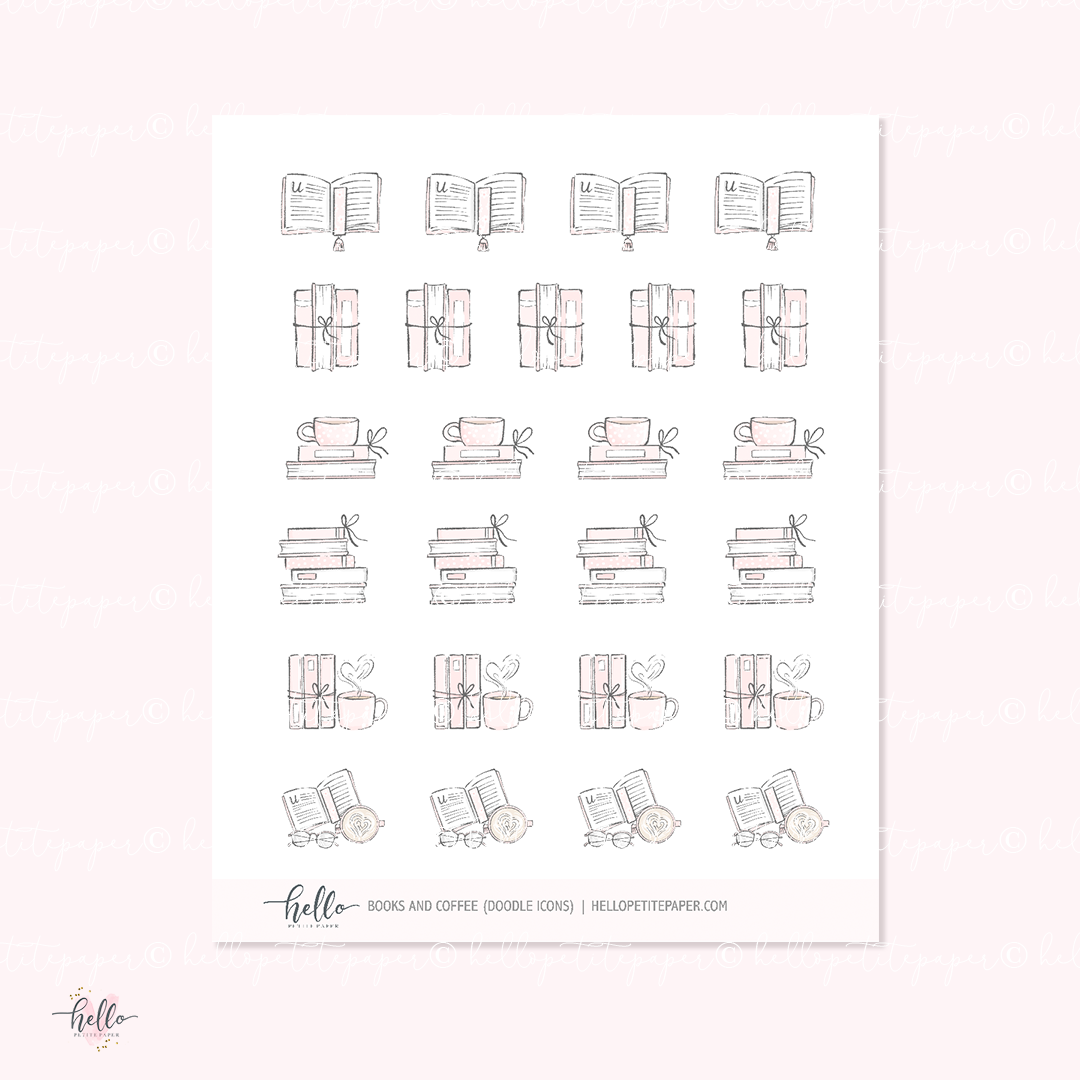 Doodle Icons (BOOKS AND COFFEE) | hand-drawn planner stickers